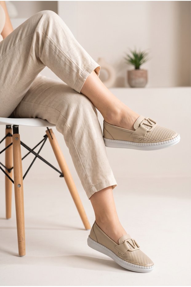 Women's Leather Laser Cut Perforated V-Buckle Loafer Casual Shoes