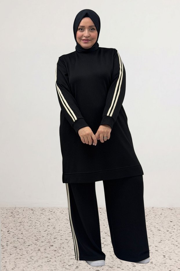 67086 Plus Size Modal Pants Suit with Side Stripe Detail - Black