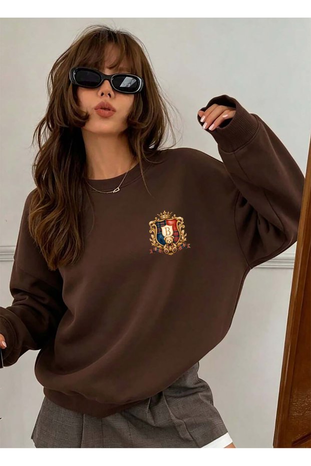 Teddy Bear Printed Oversize Basic Cotton Crew Neck Sweatshirt