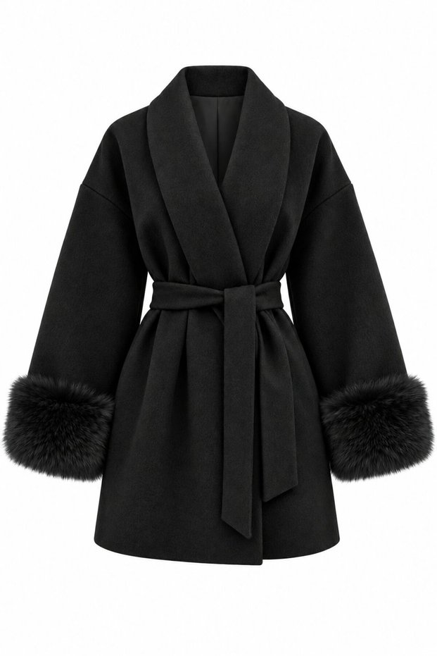 Black Fur-Trimmed Cashmere Jacket - 1026