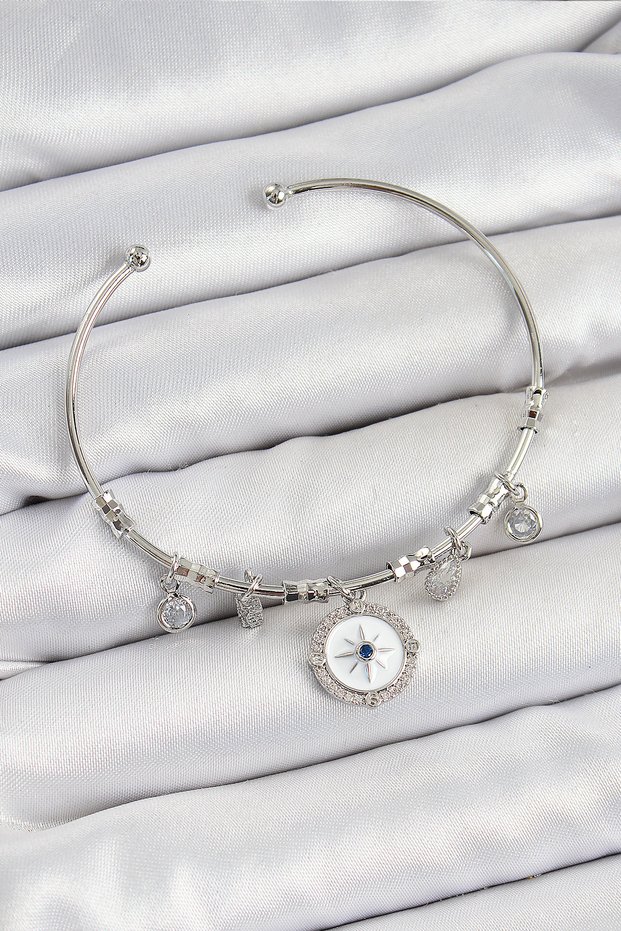 Brass Zircon Stone Compass Model Silver Color Charm Bracelet