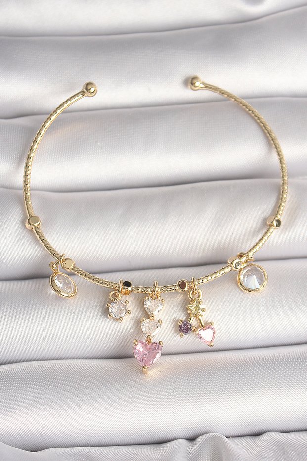 Brass Gold Color Hanging Zircon Stone Heart Figure Pink Heart Detail Charm Women's Bracelet