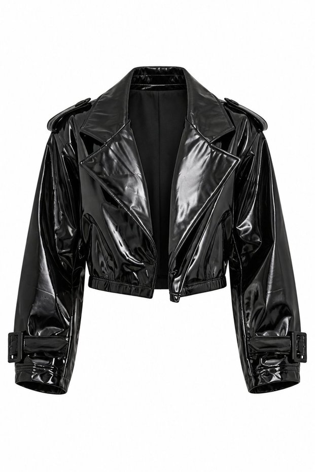 Black Patent Leather Epaulet Jacket - 2Y9313