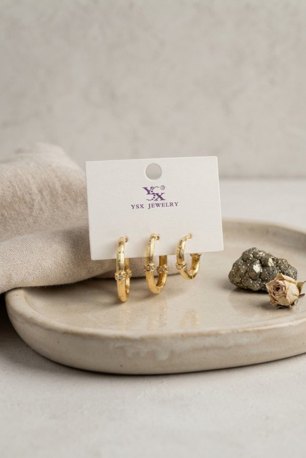 Brass Gold Color Square Model 3-Piece Earring Set