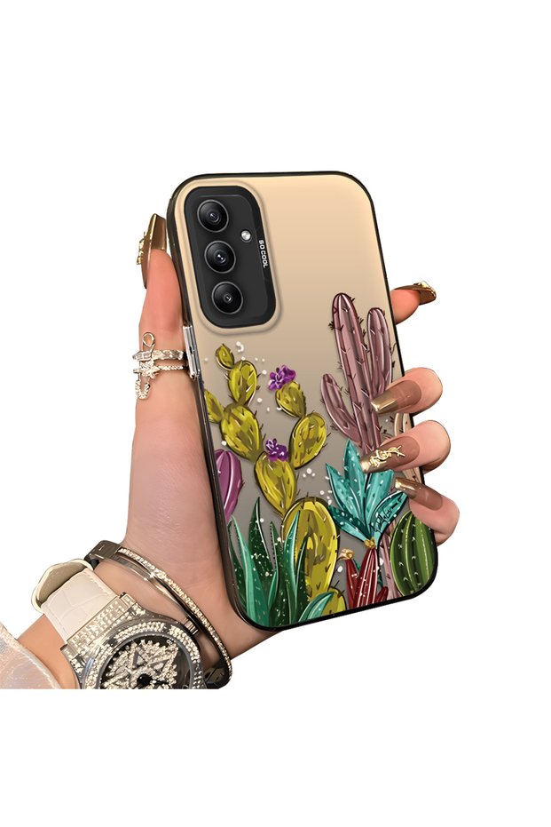 Samsung Galaxy A34 Compatible Acrylic Hard Back Panel Silicone Edged Cactus Patterned Phone Case