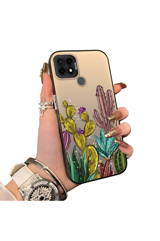 Realme C21 Compatible Acrylic Hard Back Panel with Silicone Edges Cactus Patterned Phone Case