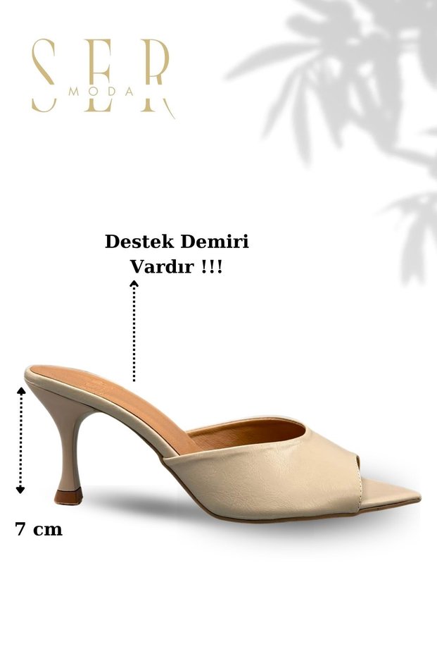 Sermoda Heeled Women's Slippers - 7 cm Thin Heeled Women's Slippers Beige Yanki