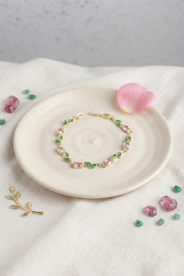 Brass Gold Color Pink Zircon Stone Flower Model Women's Bracelet