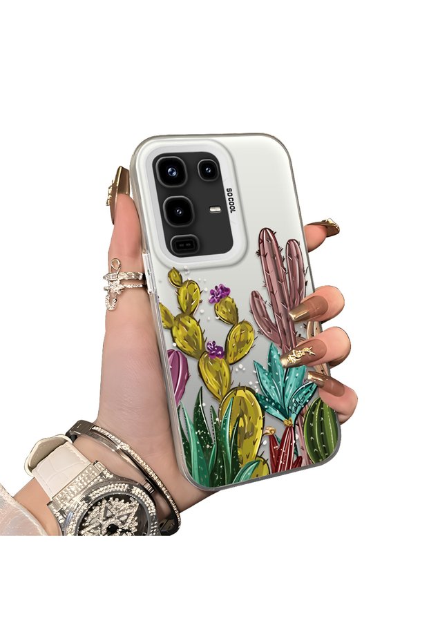 Infinix Note 50 Compatible Acrylic Hard Back Panel with Silicone Edges Cactus Patterned Phone Case