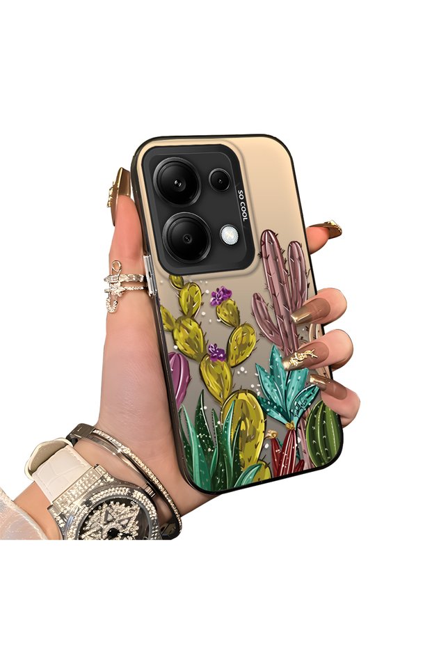 Xiaomi Redmi Note 14S Compatible Acrylic Hard Back Panel with Silicone Edges Cactus Patterned Phone Case