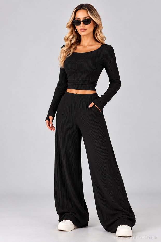Women's Long Sleeve One-Shoulder Open Turtleneck Waist-Cinched Crop Camisole Blouse and Pants Two-Piece Set Casual Chic Comfy Outfit