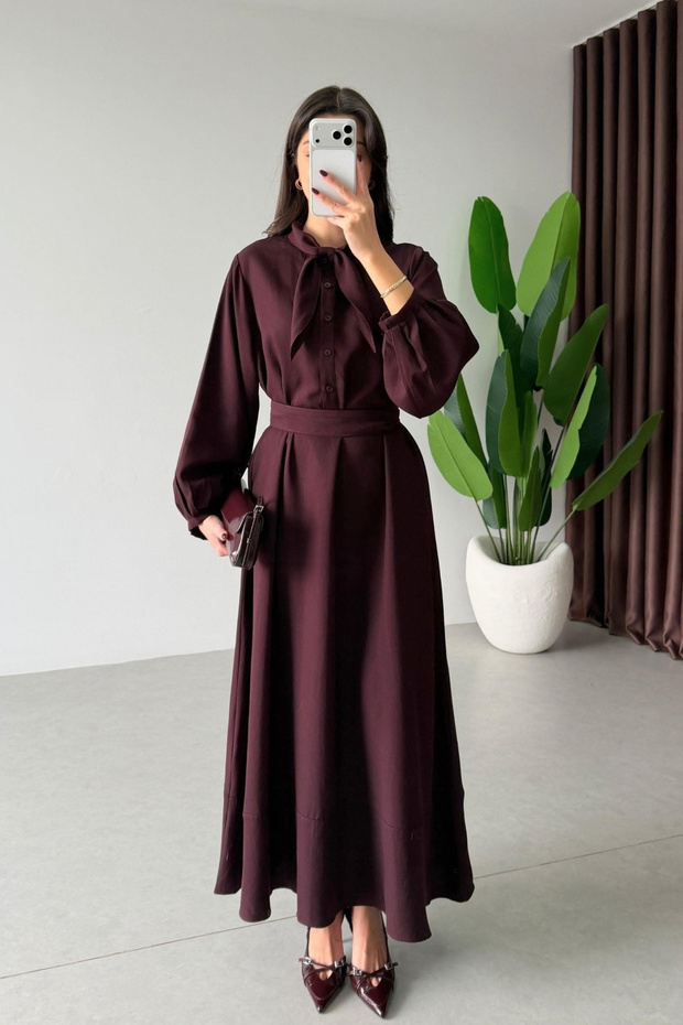 April Dress with Scarf Collar and Belt Detail in Maroon