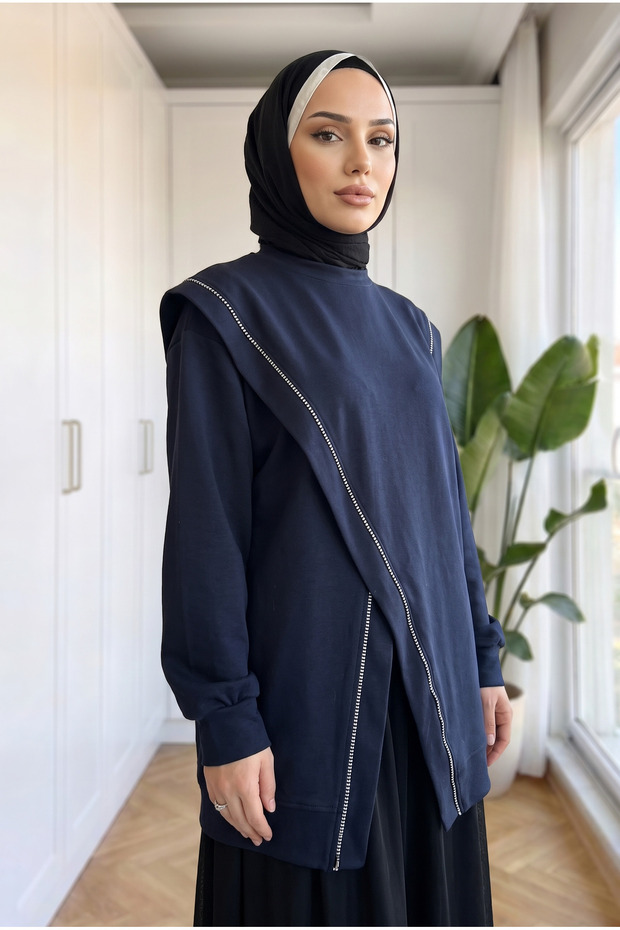 Women's Cross-Piping Detailed Slit Tunic 73 cm
