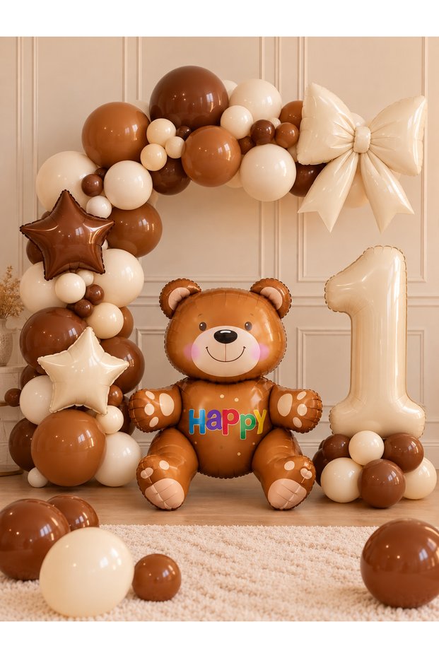 Party 1 Year Old Teddy Bear Themed Birthday Balloon Set with Cream Number Foil Balloons 1-9 Year Old Birthday Decoration