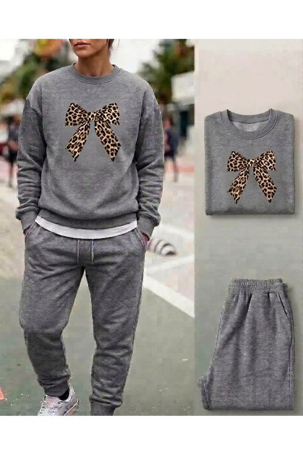 Women's Leopard Bow Printed Crew Neck Tracksuit Set Oversize