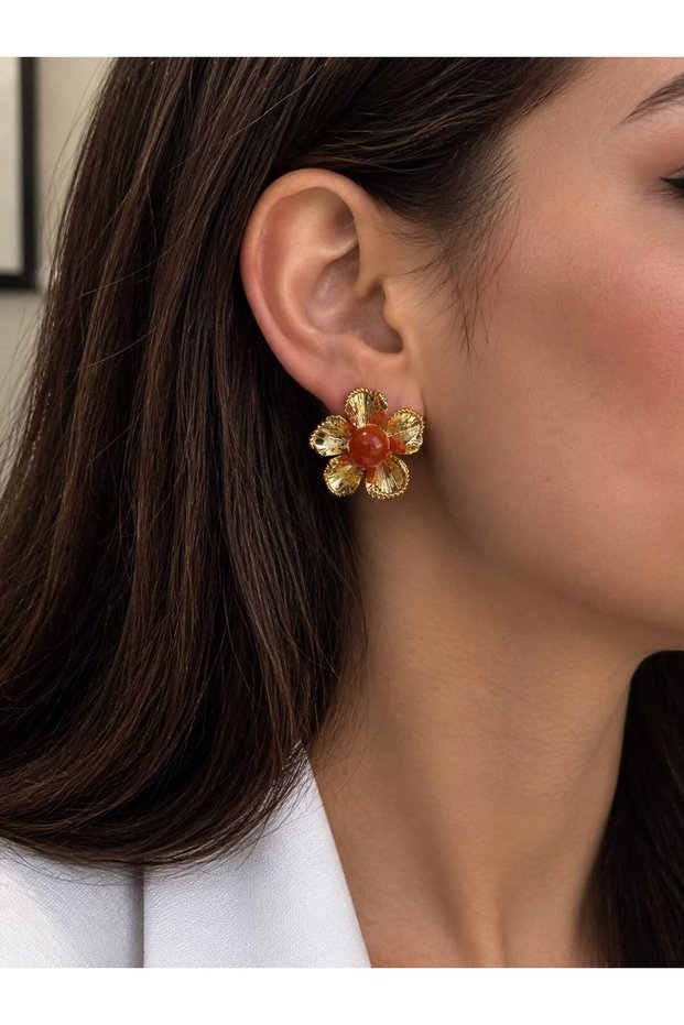 Brand Model Flower Figured Pearl Detailed Women's Stainless Steel Earrings