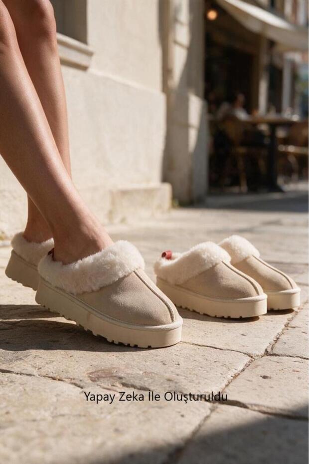 Women's Beige Tan Furry Suede Thick Sole Slippers
