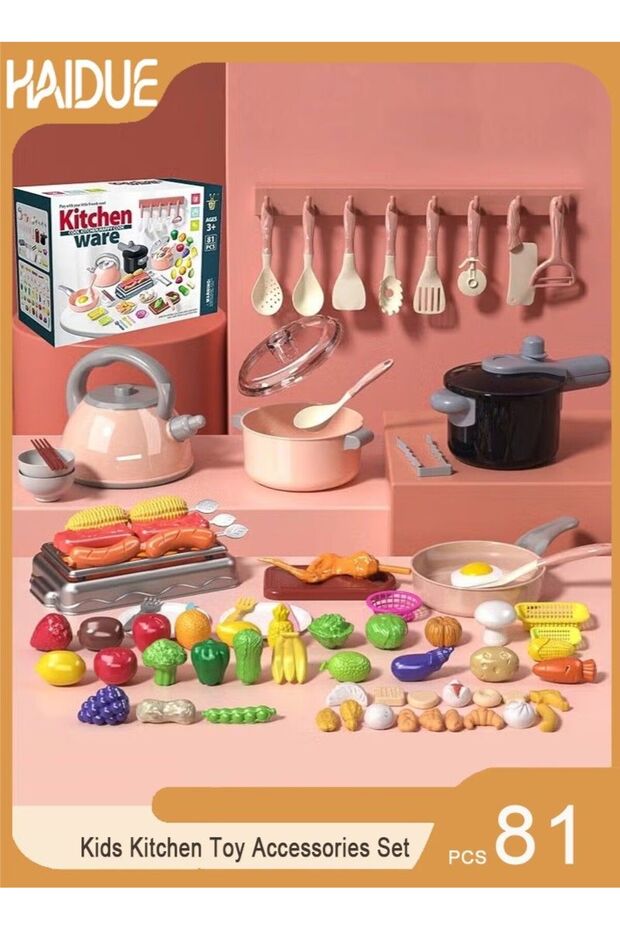 81Pcs Kids Kitchen Toy Accessories Set, Toddler Pretend BBQ Cooking Playset with Play Pots and Pans, Utensils Cookware Toys, Cut Play Food Set, Toy Vegetables, Play Kitchen Toy Pink
