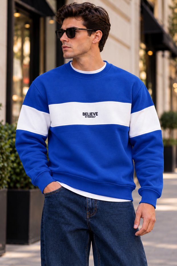 Men's Stripe Detailed Believe Printed 3 Thread Raster Crew Neck Sweatshirt