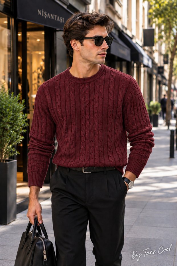 Men's Hair Braided Patterned Crew Neck Knitwear Sweater Regular Fit Acrylic Cotton Blend