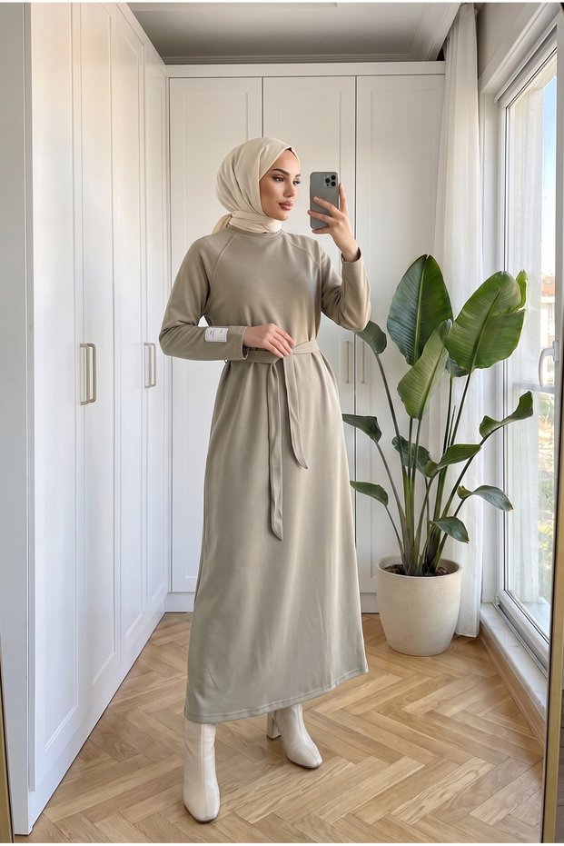 Women's Modal Fabric Belted Long Dress 135 cm