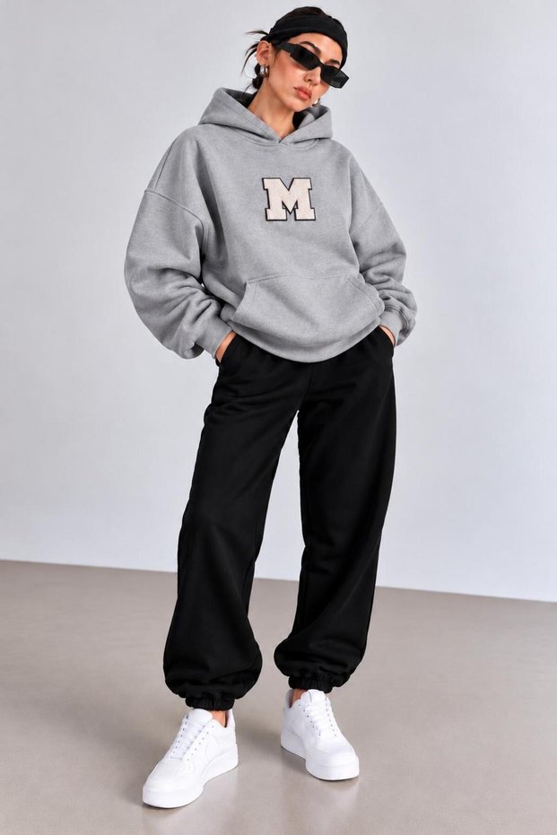 Hooded Tracksuit 2-Piece Set with Patterned Bottom and Top Combination with m Print