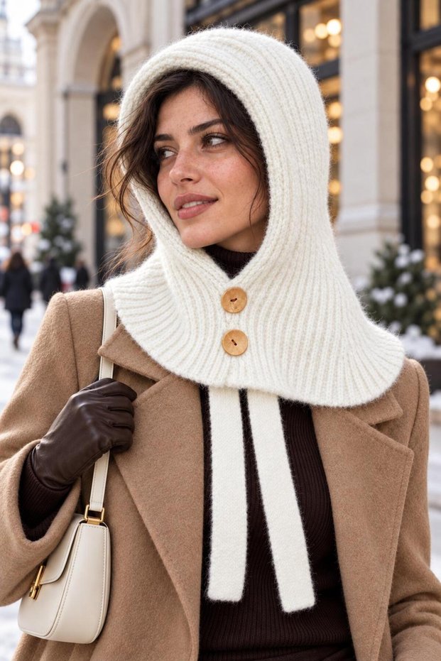 Women's Knitwear Knitted Balaclava Beanie Neck Collar, Buttoned Drawstring Winter Balaclava, Gift for Women