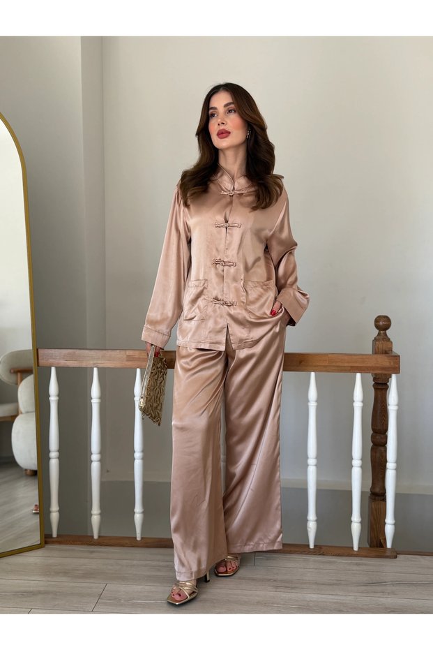 Women's Chinese Button Trend Satin Shirt Double Suit