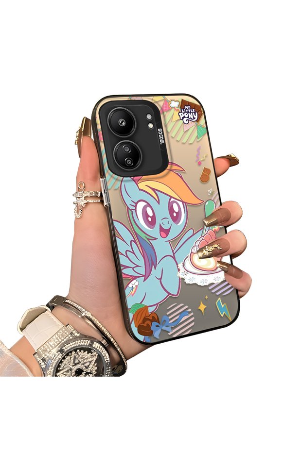 Xiaomi Poco C65 Compatible Acrylic Hard Back Panel with Silicone Edges Rainbow Dash Pattern Phone Case