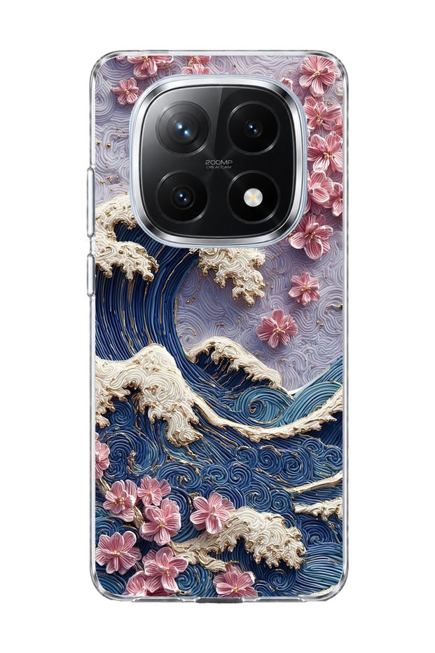 Redmi Note 14 Pro Plus 5g Compatible Wave and Cherry Blossom Printed Transparent Phone Case