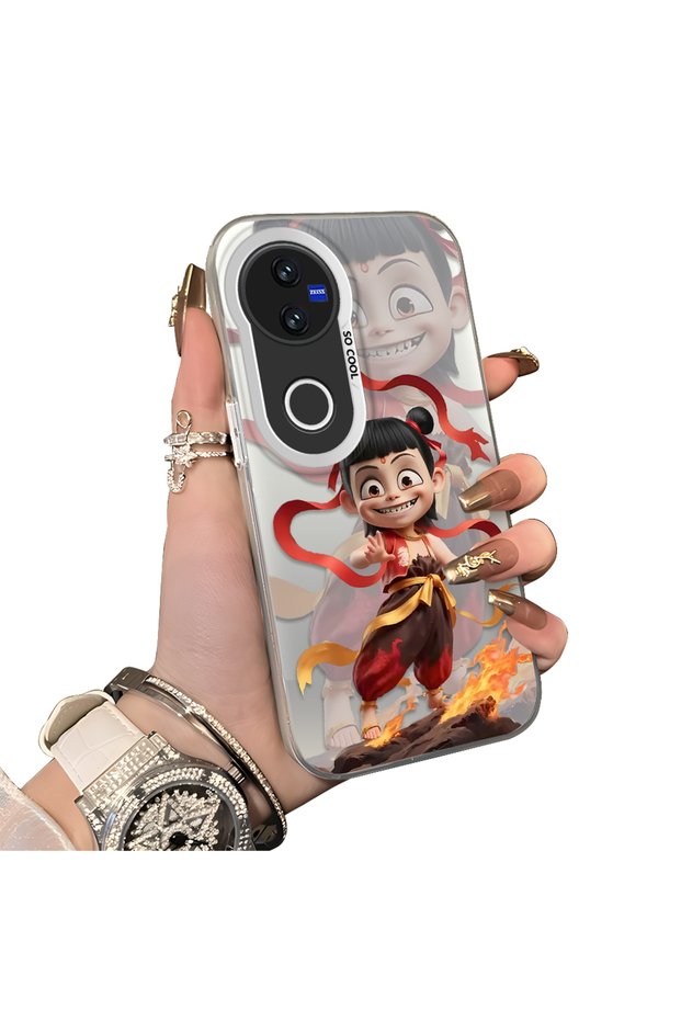 Vivo V50 Compatible Acrylic Hard Back Panel with Silicone Edges Opaque Nezha Pattern Phone Case