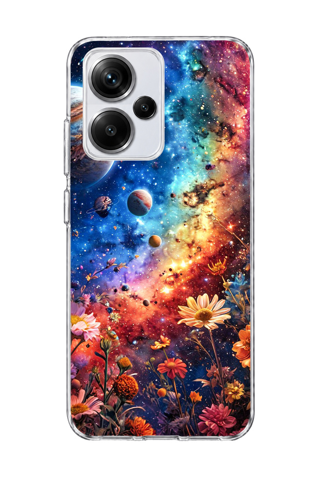 Redmi Note 13 Pro Plus 5g Compatible Galaxy and Flowers Printed Transparent Phone Case