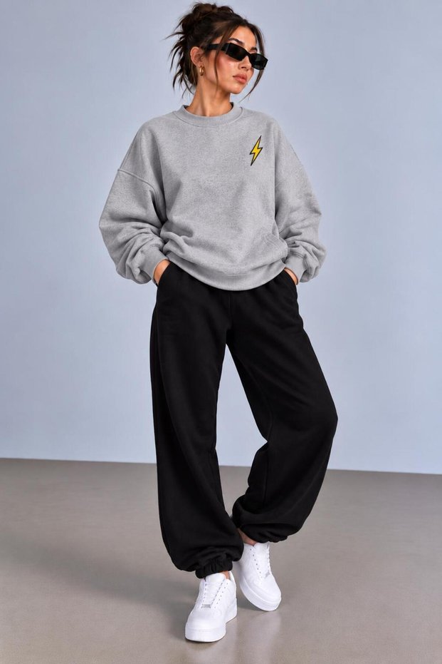 Zero Collar Sweat Suit 2-Piece Combination with Shardon Pattern on the Bottom and Top, Unisex, Lightning Printed
