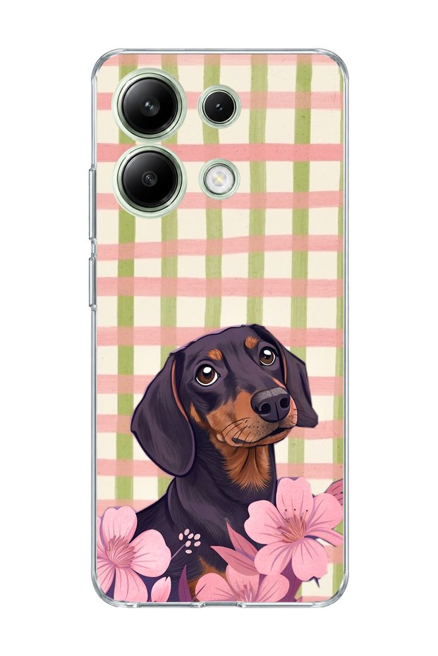 Redmi Note 13 4g Compatible Sausage Dog Pink Plaid Printed Transparent Phone Case