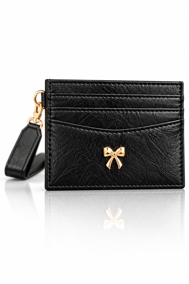 Women's Card Holder Wallet with Gold Bow Detail, Wrist Strap, Slim Design and Cash Compartment
