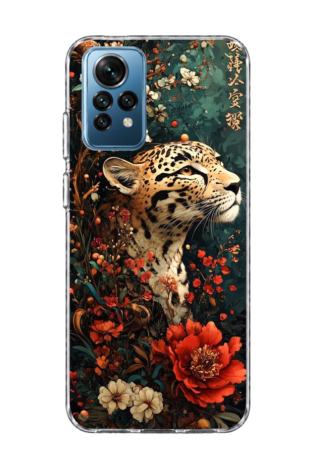 حافظة هاتف شفافة متوافقة مع Redmi Note 12 Pro 4G مطبوعة بزهرة حمراء على شكل نمر