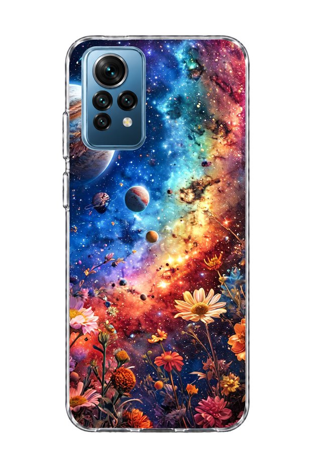 Redmi Note 12 Pro 4g Compatible Galaxy and Flowers Printed Transparent Phone Case