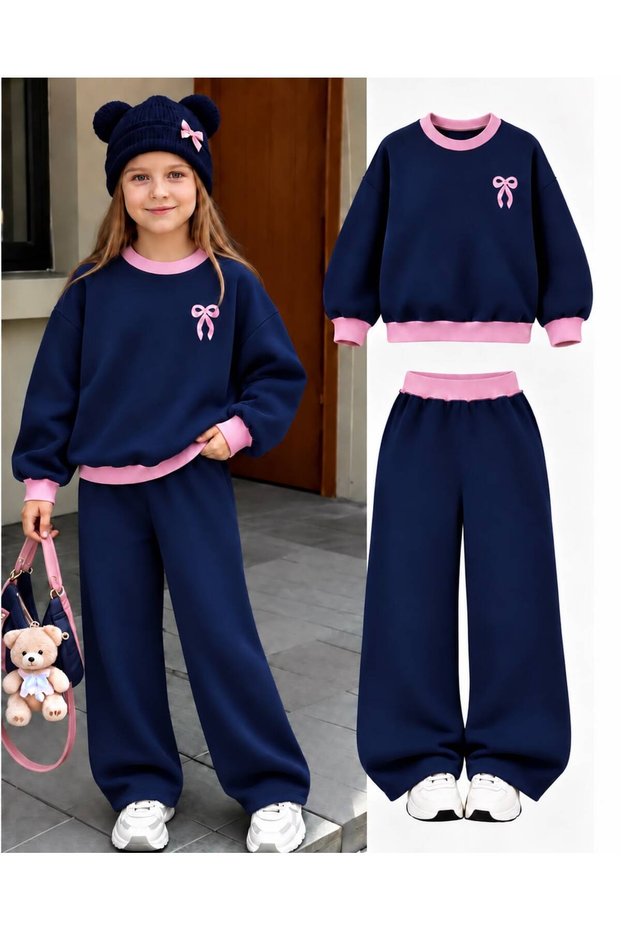 Girl's Navy Blue Pink Ribbed Ribbon Printed Crew Neck Sweatshirt - Waist Pink Ribbed Detailed Wide Leg Navy Blue Sweatpants Set