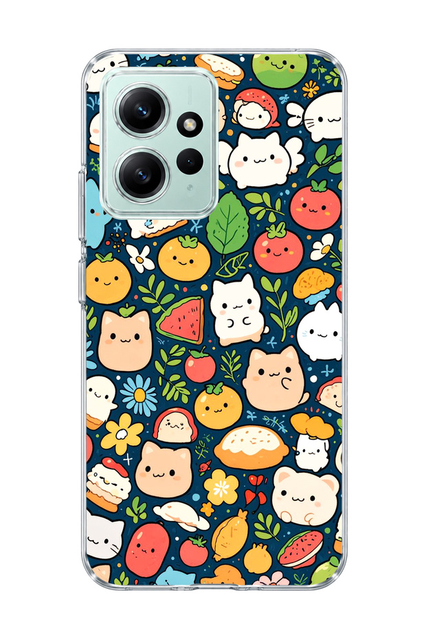Redmi Note 12 4g Compatible Cat Fruit Navy Blue Printed Transparent Phone Case