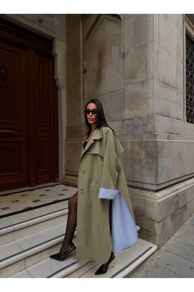 Lined, Striped, Slit Detailed Design Long Trench Coat