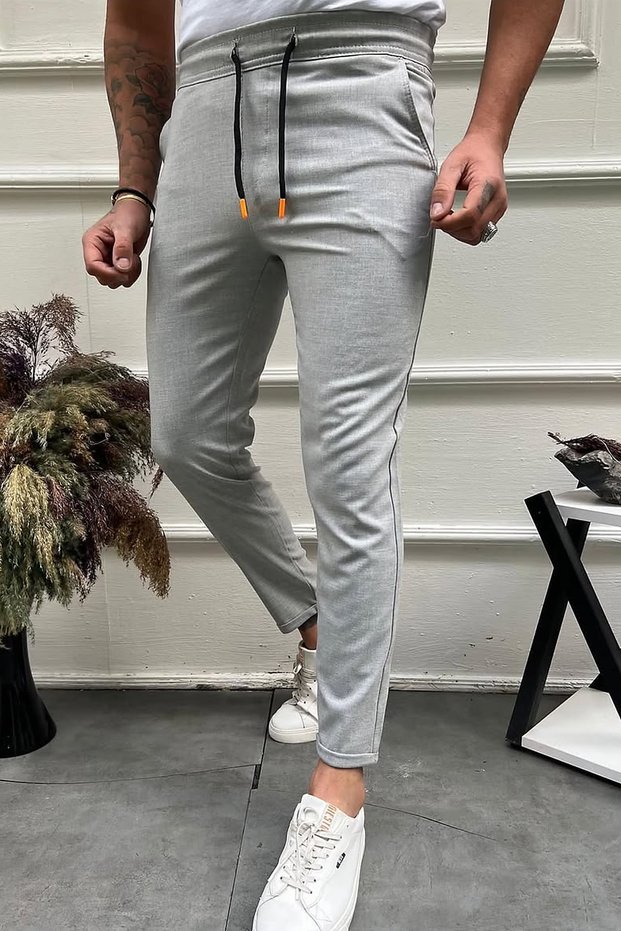 Men's Light Gray Jogger Pants with Elastic Waist, Lace-Up, Slim Fit, Double Leg