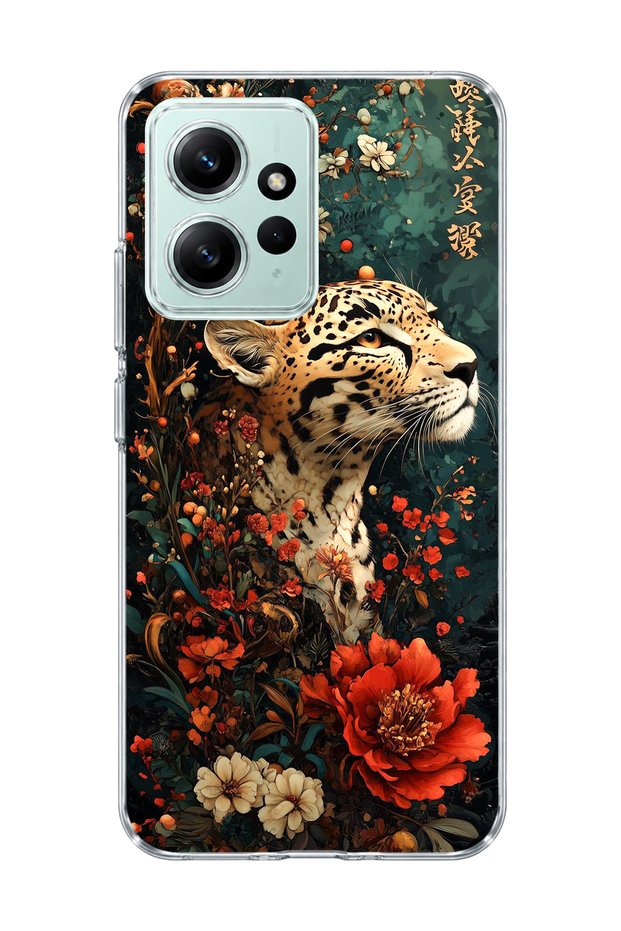 Redmi Note 12 4g Compatible Leopard Red Flower Printed Transparent Phone Case