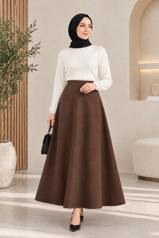 Women's Scuba Fabric Elastic Waist Flared Hijab Skirt