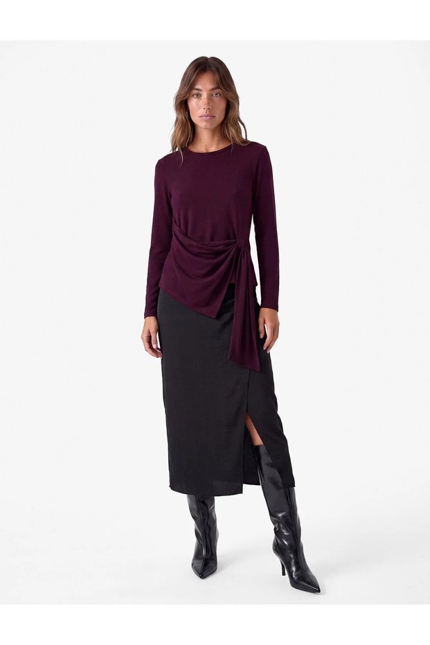 Asymmetrical Tied Purple Soft Textured T-Shirt Crew Neck Long Sleeve Slim Fit Draped 7Wak50013Pk