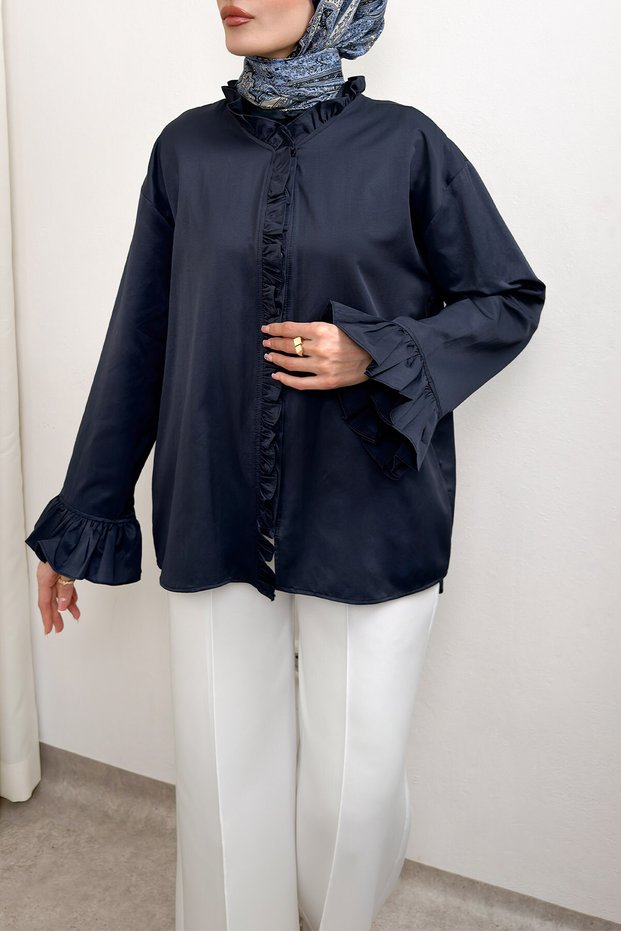 Ruffle Detailed Oversized Shirt 0057 - Dark Blue