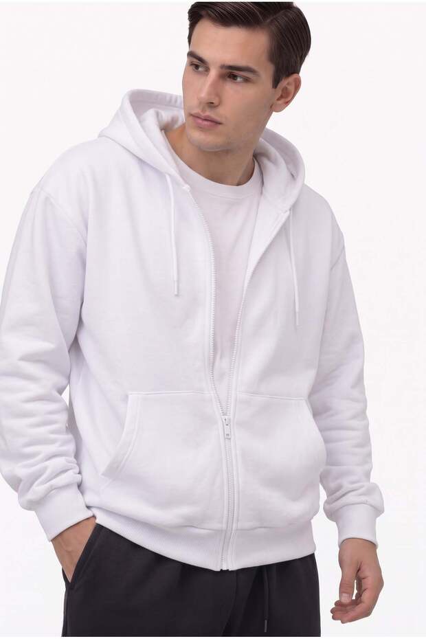 Men's white zip-up hoodie with three-thread fleece kangaroo pocket - oversized cardigan