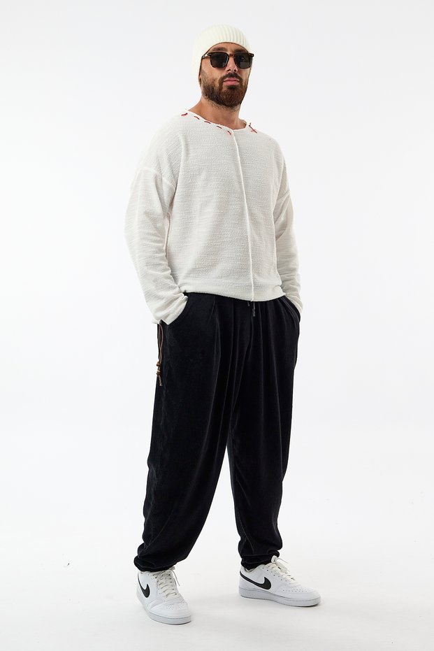 Velvet Pleated Black Jogger Men's Trousers Coc3622