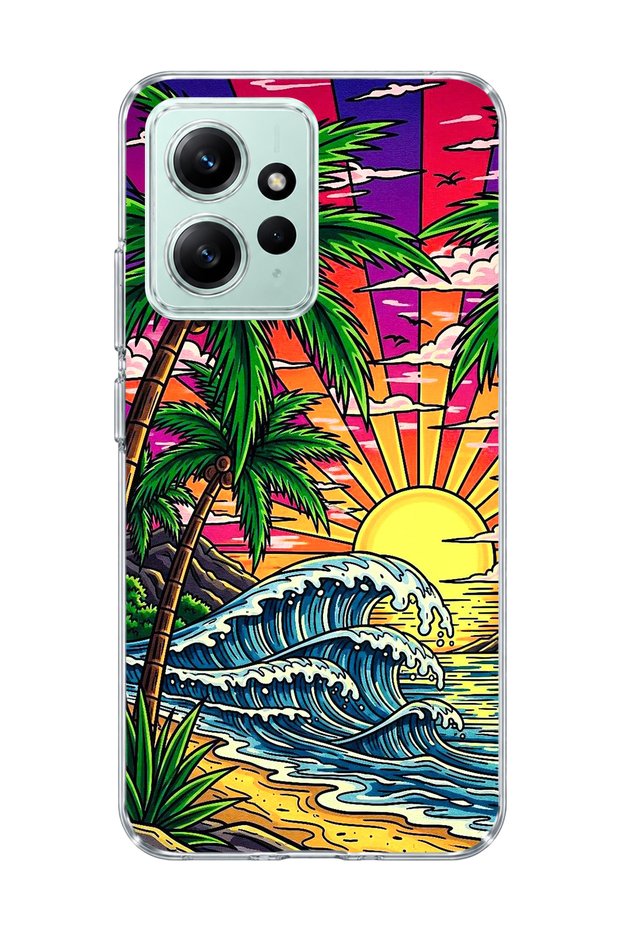 Redmi Note 12 4g Compatible Palm Wave Sunset Printed Transparent Phone Case