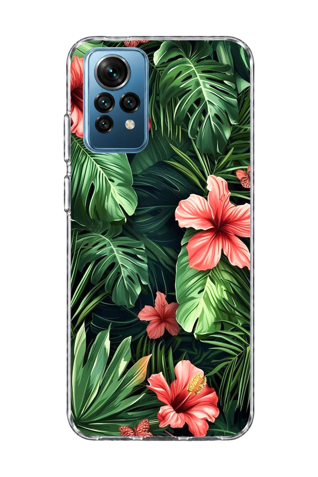 Redmi Note 12 Pro 4g Compatible Red Flower Tropical Leaf Printed Transparent Phone Case