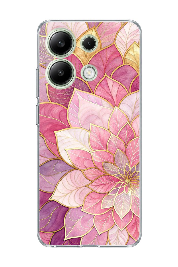 Redmi Note 13 4g Compatible Pink Gold Water Lily Printed Transparent Phone Case